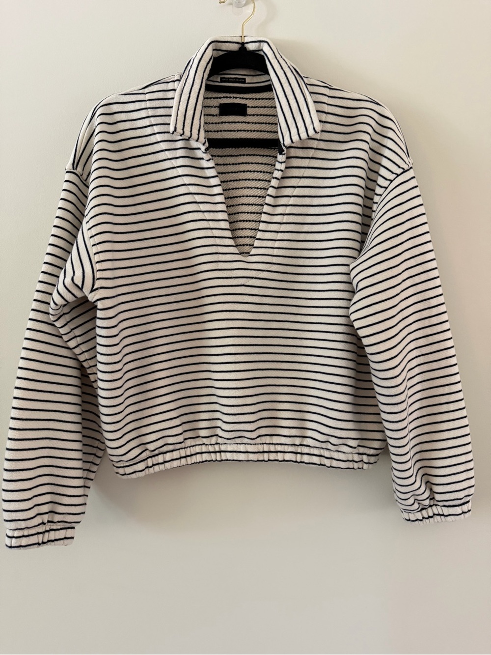 MOTHER Cream and Navy Striped V-Neck Sweater